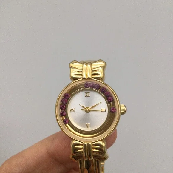 Vtg Avon Gold Tone Watch Women 22mm Bow Accents Pink Stones New Battery 6.25" - Picture 6 of 12